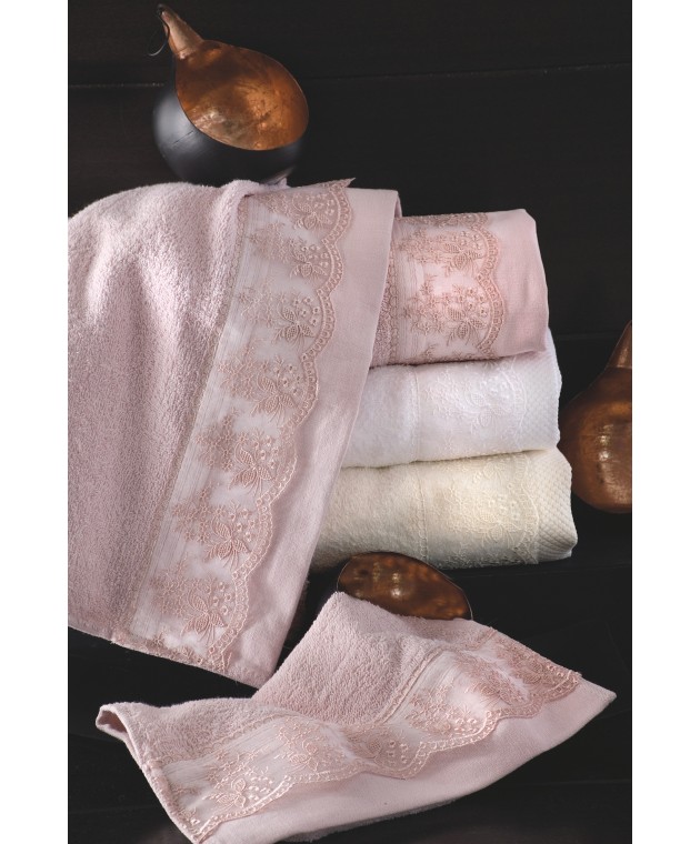 Σετ πετσέτες 3 τεμ. με δαντέλα HELGA PINK, RYTHMOS HOME Σετ πετσέτες Mπάνιου