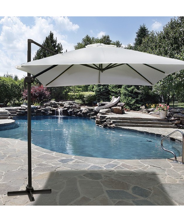 Γωνιακή Τετράγωνη Ομπρέλα 300 x 300  ,Περιστρεφόμενη 360 , Με Αλουμίνιο Κορμό Και Πετάλι Ασφαλείας Μεγάλο Αεραγωγό Μπεζ Πανί Και Μπεζ Σκελετό Ομπρέλες