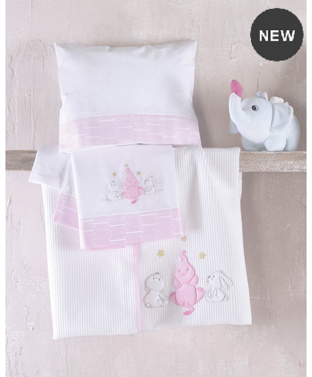 Σετ σεντόνια κούνιας φανελένια (100Χ160) ELEPHANT FRIENDS  ΡΟΖ, RYTHMOS HOME Βρεφικά Σεντόνια Φανελένια
