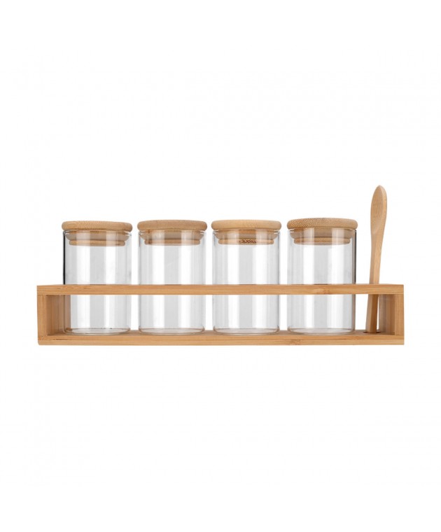 ESTIA ΔΟΧΕΙΑ ΜΠΑΧΑΡΙΚΩΝ ΓΥΑΛΙΝΑ ΣΕΤ 5 ΤΕΜ 27x6.5x12.5cm ΜΕ ΒΑΣΗ BAMBOO ΚΑΙ ΚΟΥΤΑΛΙ Βάσεις Μπαχαρικών