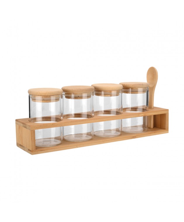 ESTIA ΔΟΧΕΙΑ ΜΠΑΧΑΡΙΚΩΝ ΓΥΑΛΙΝΑ ΣΕΤ 5 ΤΕΜ 27x6.5x12.5cm ΜΕ ΒΑΣΗ BAMBOO ΚΑΙ ΚΟΥΤΑΛΙ Βάσεις Μπαχαρικών
