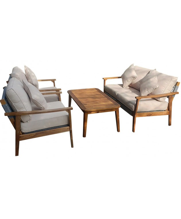Ξύλινο Καθιστικό Σετ Acacia Wood Με Σχοινί PR1624 ,Σετ 4 Τεμαχίων Σαλόνια Κήπου