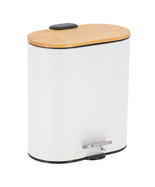 Κάδος Απορριμμάτων Οβάλ 5L Soft Close Μεταλλικός Λευκός με Μπαμπού Καπάκι MRShome Καλάθια Απορριμμάτων