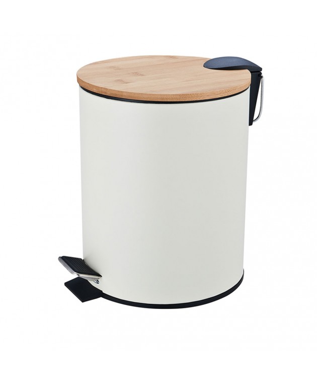 Κάδος Απορριμμάτων Οβάλ 5L Soft Close Μεταλλικός Λευκός με Μπαμπού Καπάκι MRShome Καλάθια Απορριμμάτων